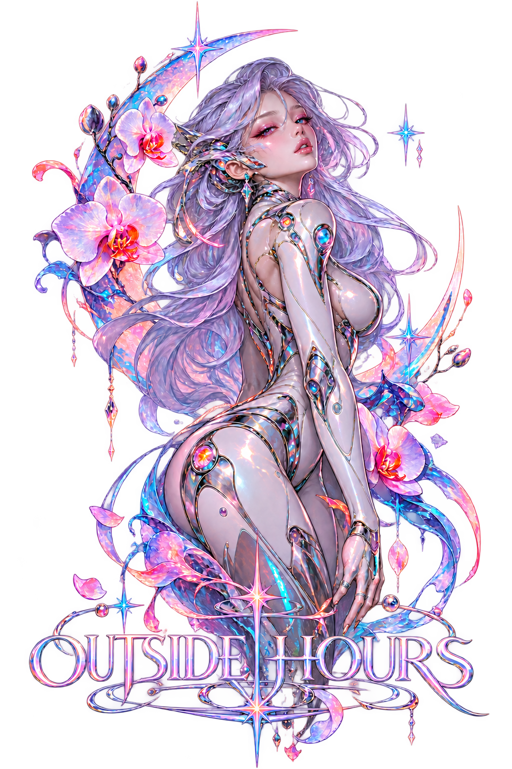 Outside Hours artwork with a lilac-haired figure, pink orchids, and chrome details